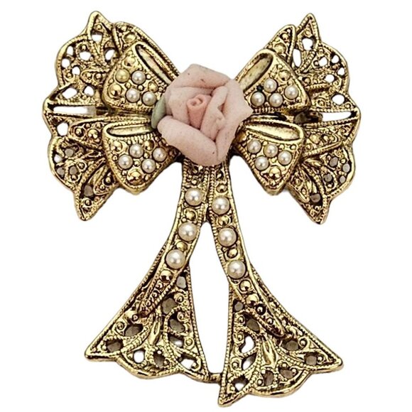 1928 Brand Gold Tone Faux Pearl Filigree Porcelain Rose Bow Brooch Pin L345 - Picture 9 of 9